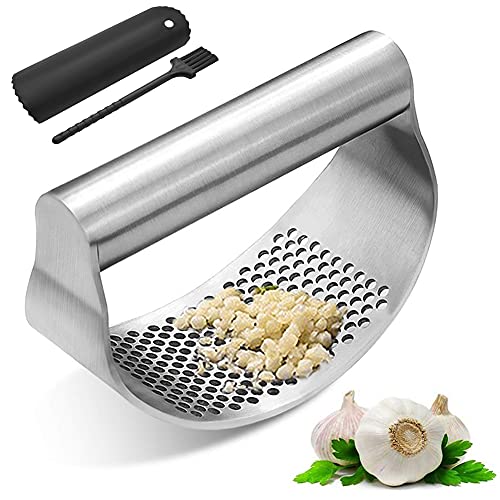 ACHANFLY Schiaccia Aglio Acciaio inox Spremiaglio 430 Stainless Steel Viene Fornito con Rullo Buccia d aglio e Pennello Garlic Press per Aglio Zenzero Lavabile in lavastoviglie