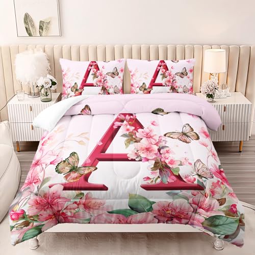 Image of AILONEN Queen Floral Initial A Comforter Set, Pink Blossom Butterfly Bedding, Monogram Letter Decor, Lightweight Microfiber Luxury Guest Master Bedroom
