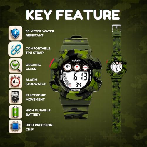 Image of SPIKY Round Digital Sports Watch for Kids | Military, Camouflage Design | Multifunctional & Luminous Display | 30M Water Resistant | Best Birthday Gift Wrist Watches for Boys & Girls | Age 2-12 Years