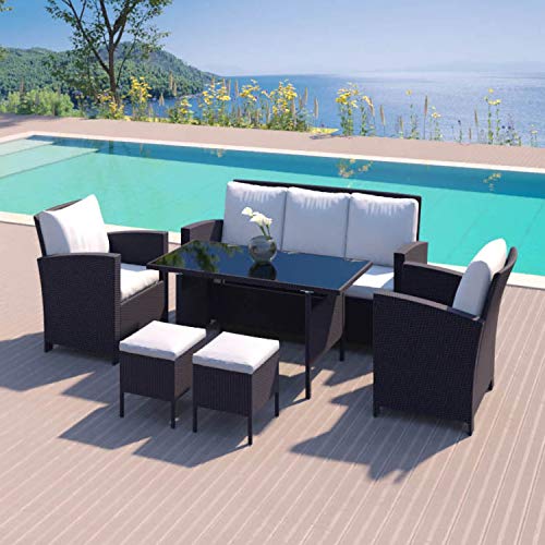 CONCEPT USINE | Salon de Jardin Repas en Résine Tréssée 7 Places | Design Modena Noir/Blanc |...