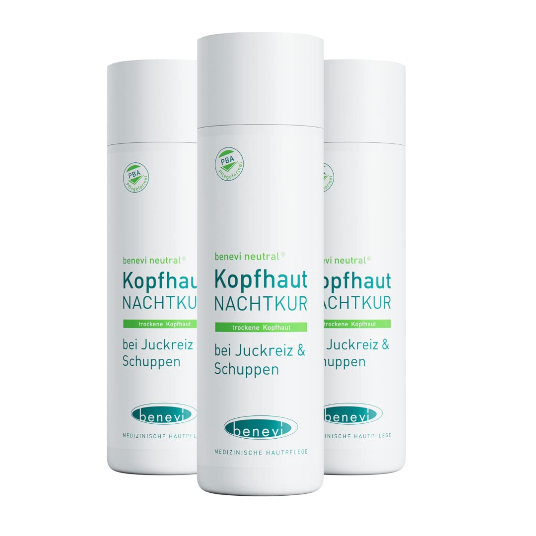 benevi NACHTKUR bei Juckreiz und Schuppen auf der trockenen Kopfhaut. Anwendung über Nacht und dann auswaschen mit geeignetem Shampoo erst am nächsten Morgen.