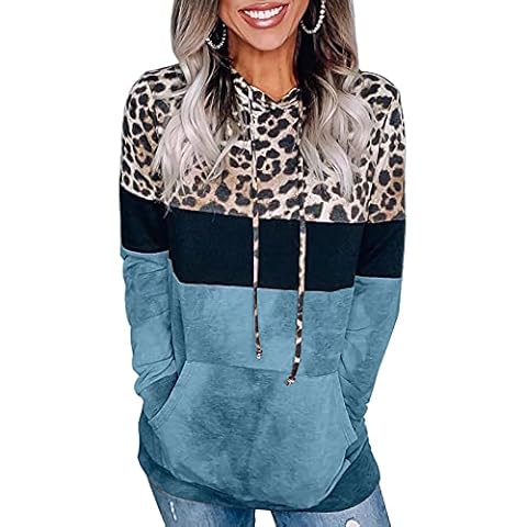 Modasua Women Hoodies Drawstring Hoodie with Pockets Casual Long Sleeve Tops Pullovers Drawstring Tops Long Sleeve Tunic Tops Blouses Leopard Colorblock Sweatshirts Hoodies for Women UK Size 12-14 Cover