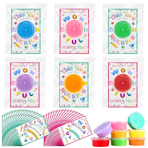 JellyArch 30 Pack Back to School Student Gifts from Teacher Play Modeling Dough with Cards for Students Summer Cards with Clay First Day Classroom Exchange Gifts Party Favors(School Opening)