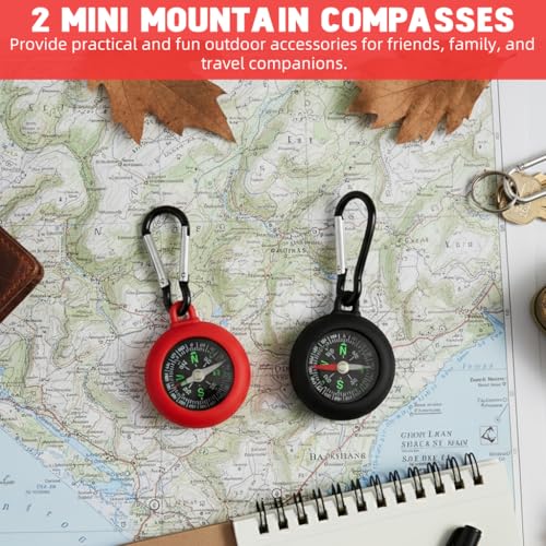 Image of Proberos 2 Pcs Compass with Carabiner for Outdoor Activities, Reliable Outdoor Adventure Gear for Backpacks, Hiking, Camping, Trekking Pocket Compass, Mountaineering Equipment Accessory Set