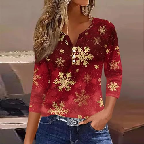 Image of Women Christmas Shirt 3 /4 Length Sleeve Henley Tops Xmas Outfits
