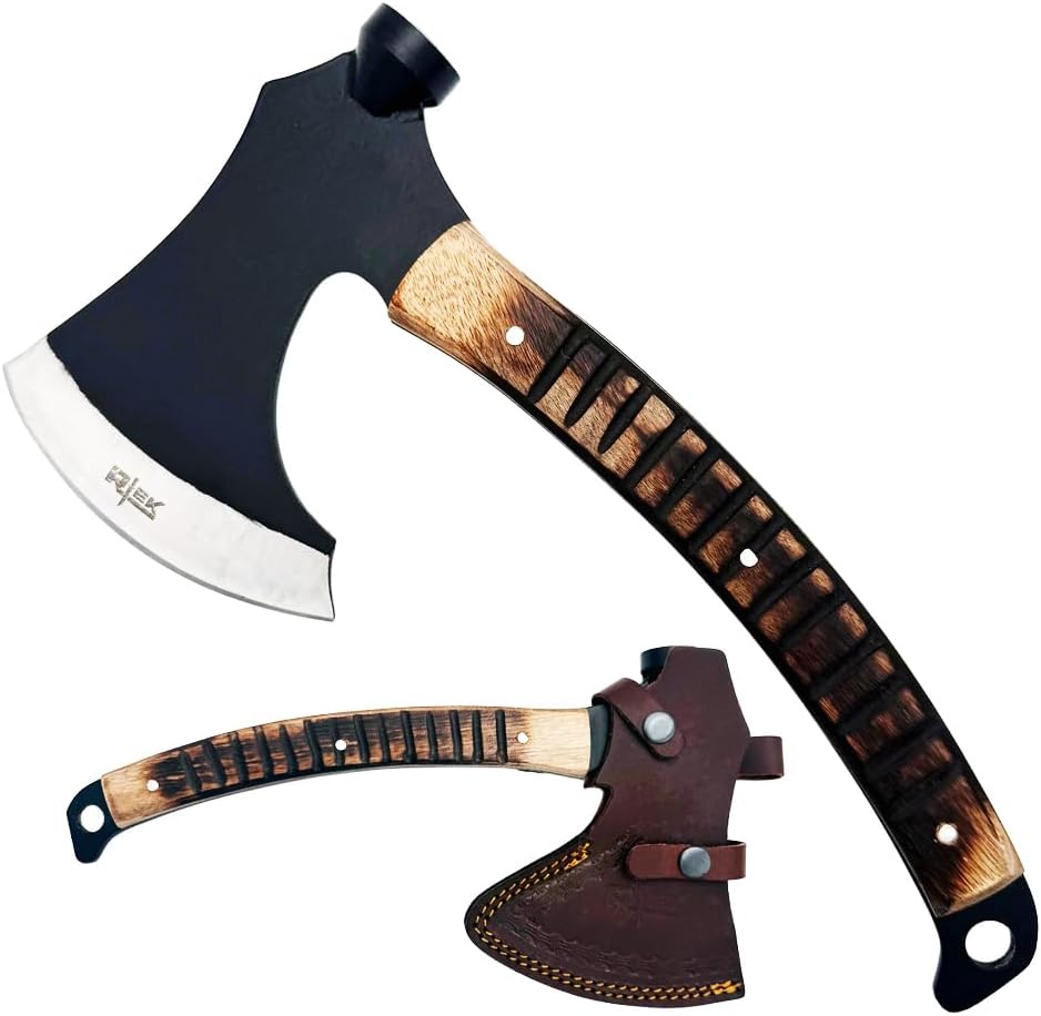 Rtek Tactical Axe & Hatchet with Leather Sheath – Full Tang Stainless Steel, Wood Handle – Camping, Survival, Bushcraft Multi-Tool with Hammer, Spike, Nail Puller (12", 14", 19") (RT 1204-12 Inch)