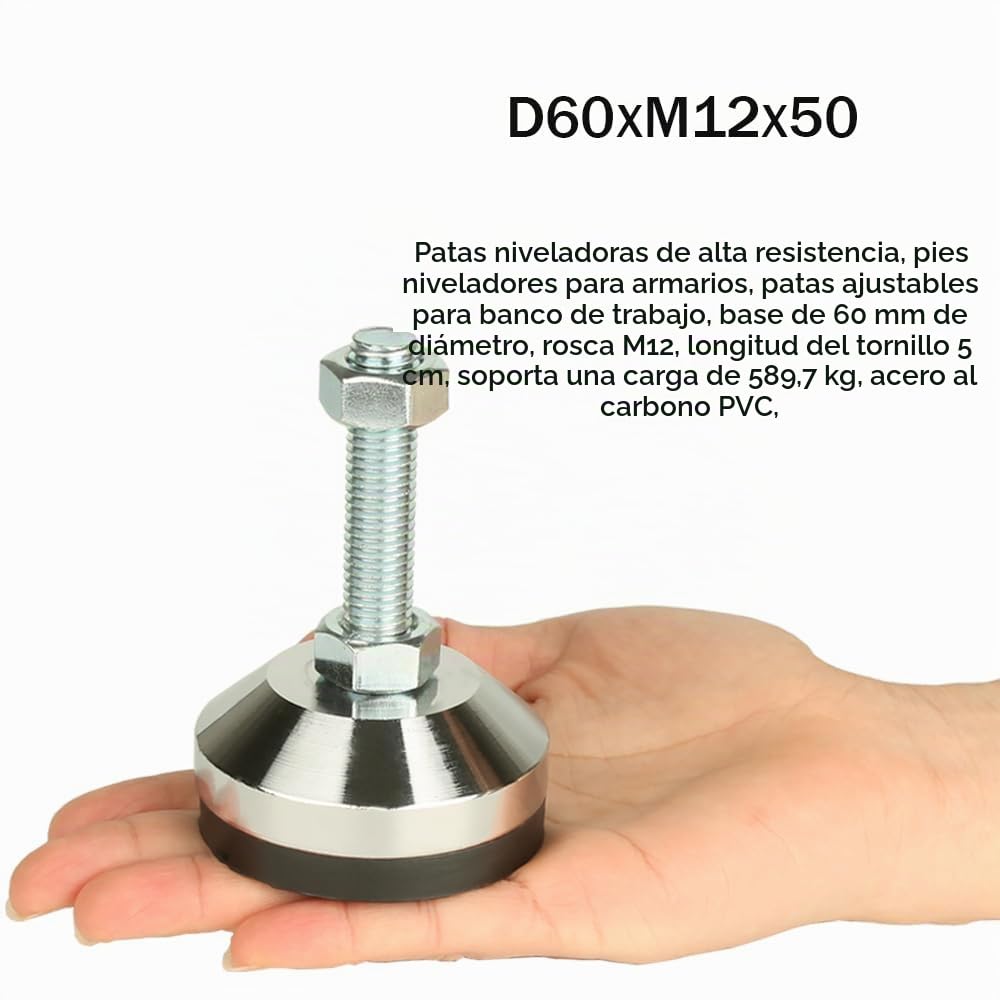 Niveladores de patas de alta resistencia, Patas niveladoras de 2.36 "de diámetro Base, Rosca M12, capacidad de 1300 lb,Capacidad para banco de trabajo, máquina, gabinete (negro, D60xM12x50,4 Pcs)