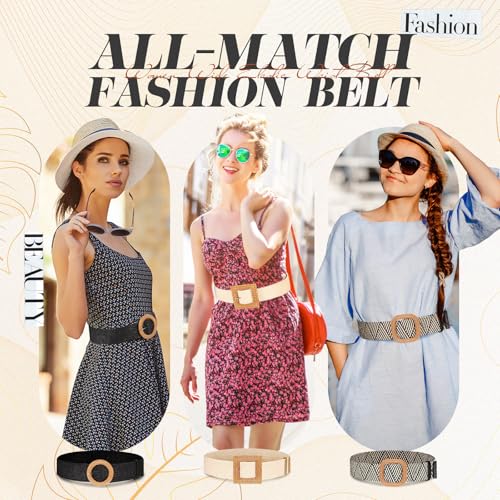 Image of Syhood 3 Pieces Straw Woven Elastic Waist Belt for Women Bohemian Dress Braided Belt