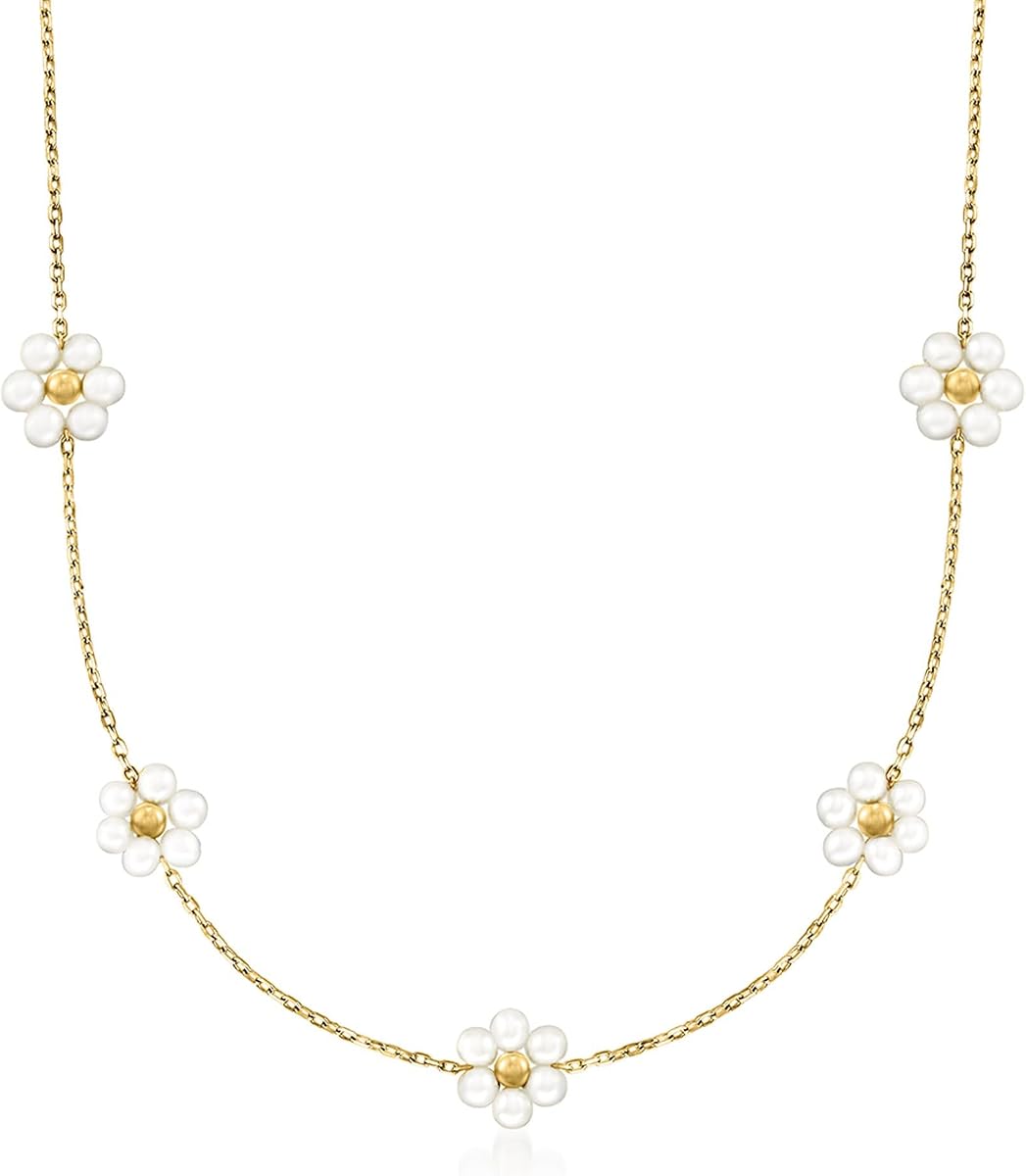 Pure Collection by Ross-Simons 3-3.5mm Cultured Pearl Flower Station Necklace in 14kt Yellow Gold