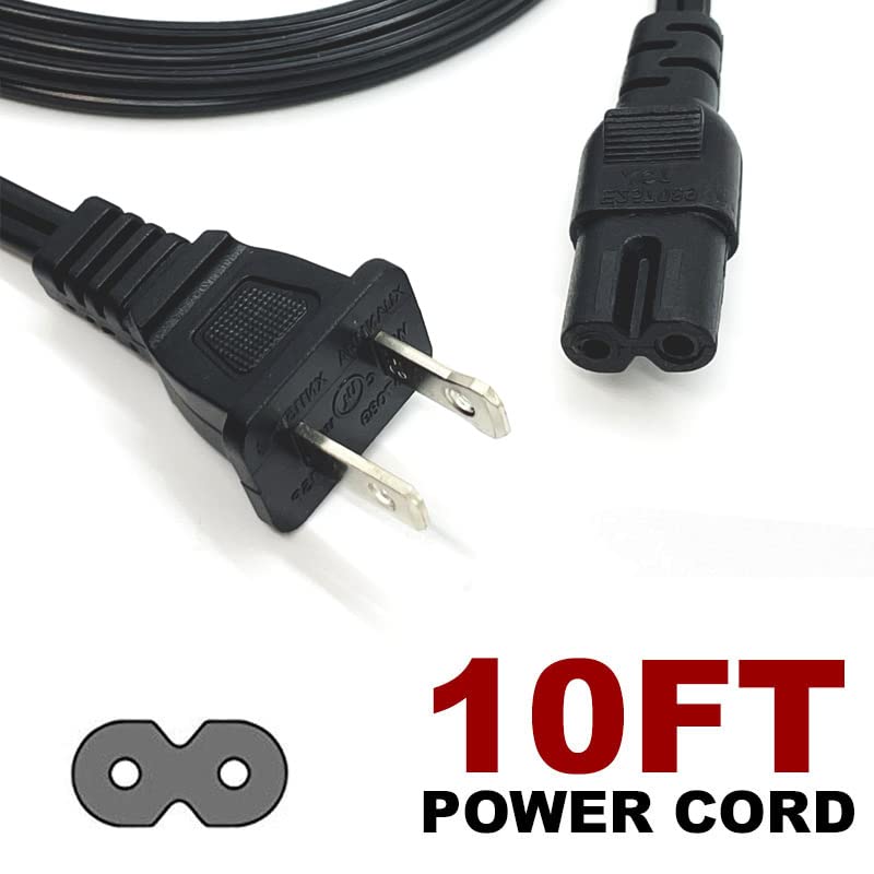 Wise Home Products UL 10ft TV Power Cord for AC 2 Prong Wall Plug LCD LED 2-Slot Electronics Cable PS4 PS5 Speaker Monitor Xbox Wall Power Cable Replacement Black
