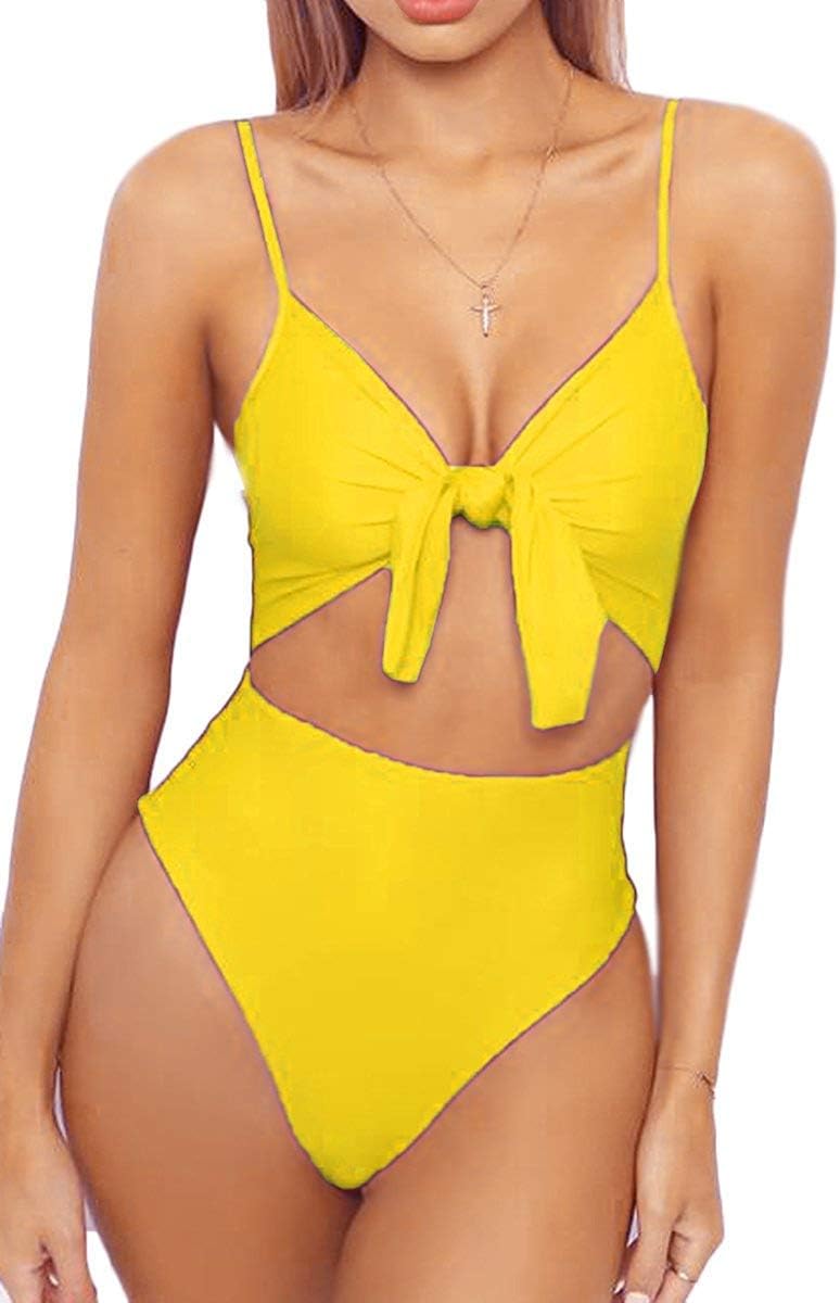 Womens High Waisted Bikini Spaghetti Strap Tie Knot Front Cutout High Cut One Piece Swimsuit (X-Large, Yellow)
