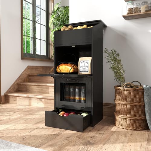 Verano Garden Potato Storage Bin, Wood Bread Box with Lid, Farmhouse Potato and Onion Storage Bin with Mesh Doors, Fruit and Vegetable Storage Rack with Removable Drawer (Black, 16.0