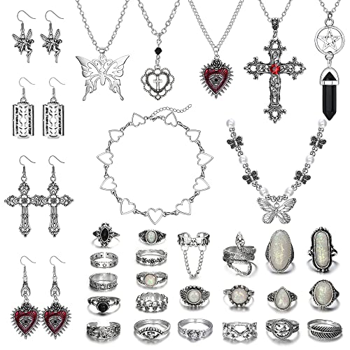 Subiceto 33Pcs Grunge Vintage Punk Necklace Jewelry Set Gothic Earrings Fairy Butterfly Boho Crystal Y2k Cross Pendent Butterfly Heart Choker Goth Stackable Knuckle Rings Adjustable Y2k Accessories for Women Men
