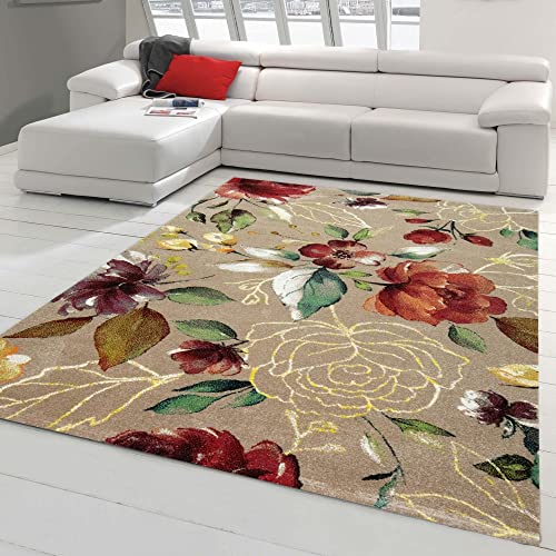 Teppich-Traum moderner Wohnzimmerteppich mit bunten Blumen | pflegeleicht | Taupe, Größe 140x200...