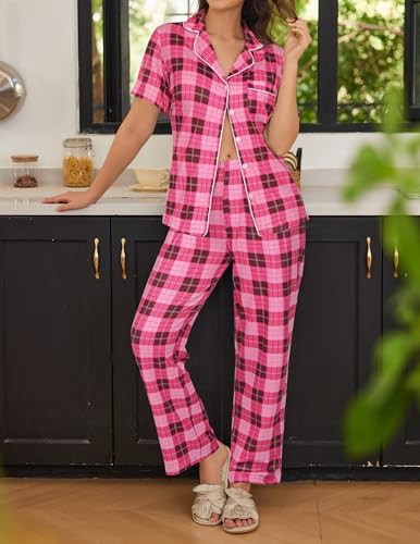 Image of Ekouaer Womens Pajamas Set Print PJs Soft Button Down Sleepwear Short Sleeve Lounge Set with Pockets