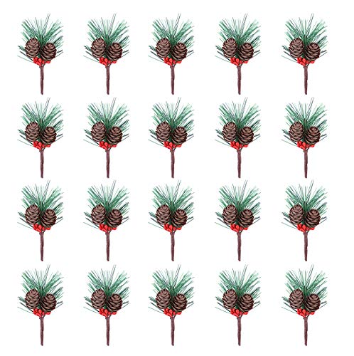 Púas de pino artificial, 20 púas de árbol de pino de Navidad, bayas rojas, conos de pino, tallos pequeños piñas falsos, suministros para arreglos florales de Navidad, decoración navideña Cover