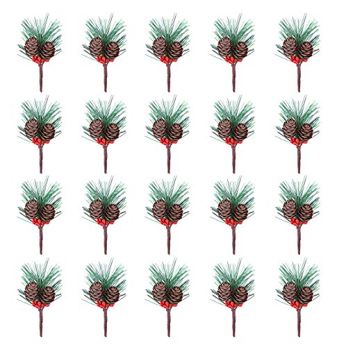 Fashionclubs 20pcs Artificial Pine Picks Christmas Pine Picks Small Fake Berries Pinecones Branches Artificial Pine Tree for Christmas Flower Arrangements Wreaths and Holiday Decor