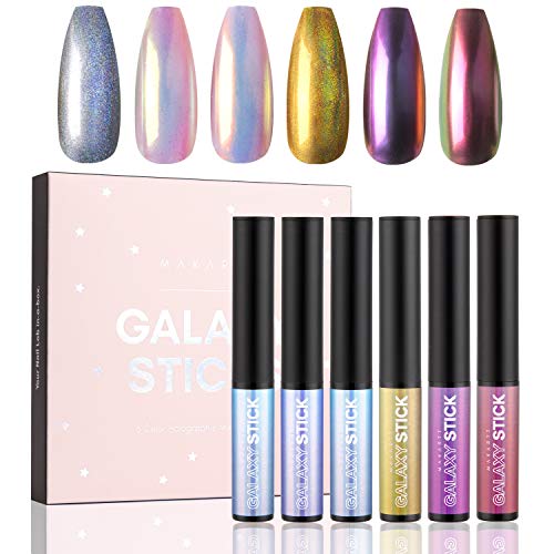 Makartt Galaxy Sticks Holographic Nail Powder Pen Chrome Nail Powder 6 Colors Air Cushion Pen Mirror Effect Nail Art DIY Gel Nail Decoration Sponge Stick All-in-one Nail Kit