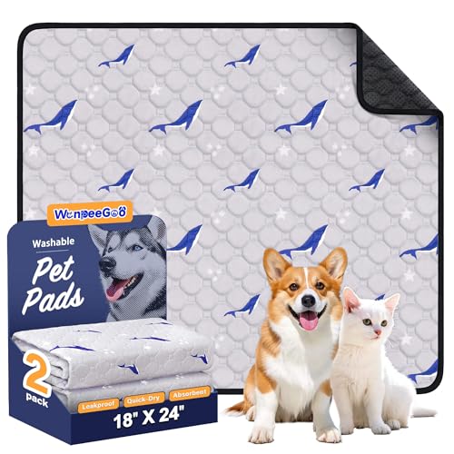 Image of Washable Dog Pee Pads, Non-Slip Waterproof, 18 x 24 in, 2 Pack, Dolphin | Super absorbent, waterproof and non-slip; washable, reusable dog pads for crates, playpens, floors, furniture and travel
