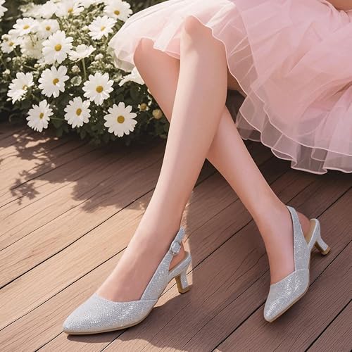 Image of PANDANINJIA Girls Dress Shoes Kitten Heels Sandals Closed Pointed Toe Slingback Flower Girl Little Big Kid Wedding Party School Pumps Shoes