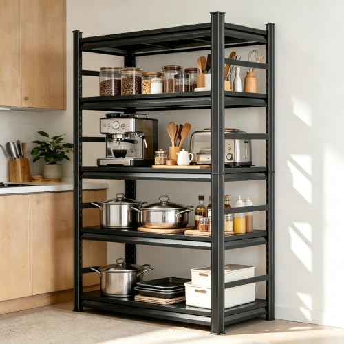 Image of Kitchen Shelves Heavy Duty 5 Tier Adjustable Shelves Compact Metal Shelving Storage Rack Slim Utility Pantry Organizer Stand for Microwave Corner Utility Cabinet Rack, 36 inch Wx 16 inch Dx 71 inch H