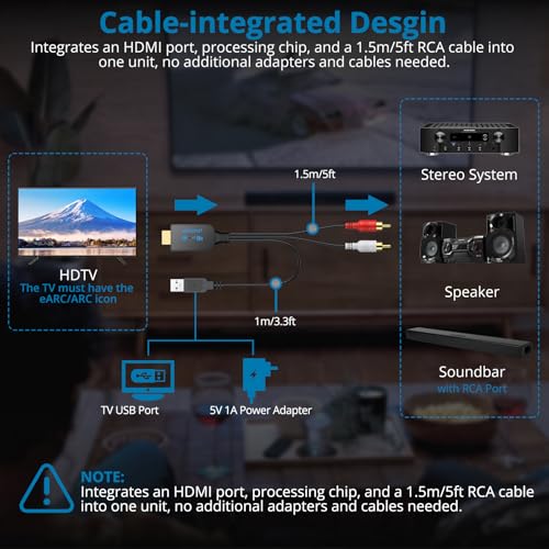 Image of AUTOUTLET HDMI eARC /ARC to RCA Audio Adapter, 192kHz 1.5M /5FT ARC to RCA Cable, Supports CEC, Integrated Desgin, Plug and Play, eARC Audio Extractor for Speakers, Soundbars, Stereo System(PCM Only)