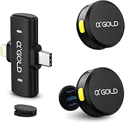 Microfone de Lapela Duplo Sem Fio α’GOLD Premium, 10h Bateria, Cancelamento de Ruído, Áudio Profissional, Compatível com iPhone e Android USB-C, Transmissor Duplo, Plug & Play para Vídeos e Lives