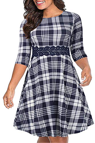 Nemidor Women s 3 4 Sleeve Embroidery Party Dress Plus Size Vintage Cocktail Swing Dress NEM216 (16W, Navy Grid)