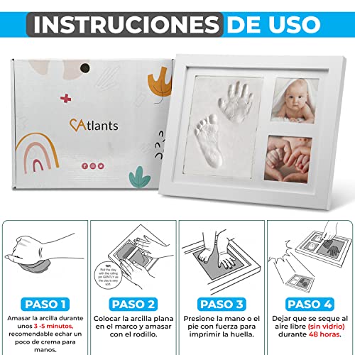 Miniatura 6 de Atlants Marco De Huellas Para Bebé, Kit De Arcilla Segura Y Antigrietas, Manos Y Pies, Madera Blanca Premium, Incluye Rodillo, Recuerdo Original, Regalo Baby Shower Y Mascotas