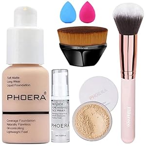 PHOERA Foundation,PHOERA Makeup,PHOERA Matte Liquide Foundation Full Coverage,PHOERA Primer,PHOERA Powder,PHOERA Concealer,Kabuki Makeup Brushes Foundation Brush,2 Makeup Sponge (#102 Nude)