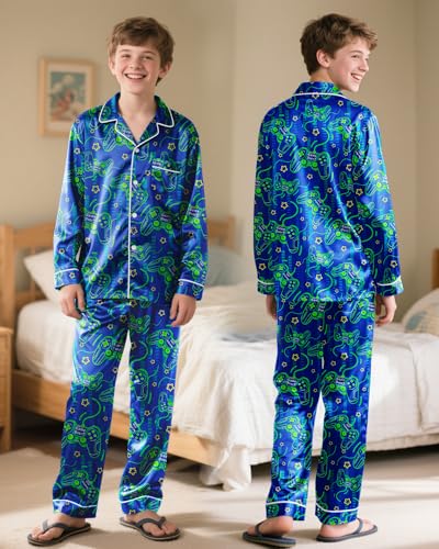 Fiodrimy Boys Pajamas Silky Satin Big Boys PJs Set 2 Piece Sleepwear Button Down Kids Jammies Loungewear Clothes Size 8-142