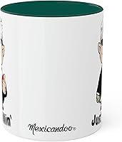 Vista 5 de MEXICANDOO AMLO - Taza de café Just Chillin, divertida caricatura, Muñeco AMLITO, taza de cerámica blanca brillante con colores vibrantes