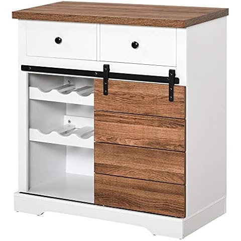 HOMCOM Küchenschrank Sideboard mit 2 Schubladen Weinregale Schiebetür Kommode verstellbaren Ablagen Aufbewahrungsschrank rustikal Weiß 80 x 39 x 86 cm Cover