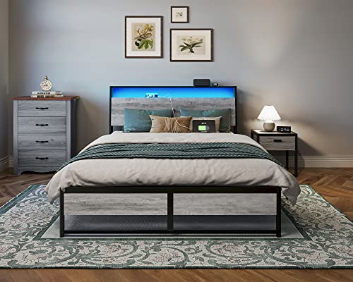 Linsy Living Queen Bed Frame With Headboard, Fast Assembly Metal Industrial Bed Frame With Lights & Charging, 14 Inch Bed Frame Queen Size With Storage, No Box Spring Needed, Greige #TOP6