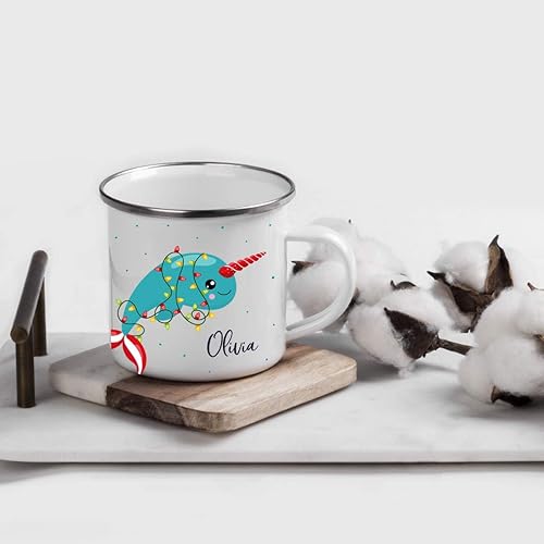 Miniatura 2 de Andaz Press Taza de café de acero inoxidable con nombre personalizado de 11 onzas para niños, chocolate caliente de Navidad, narval navideño,