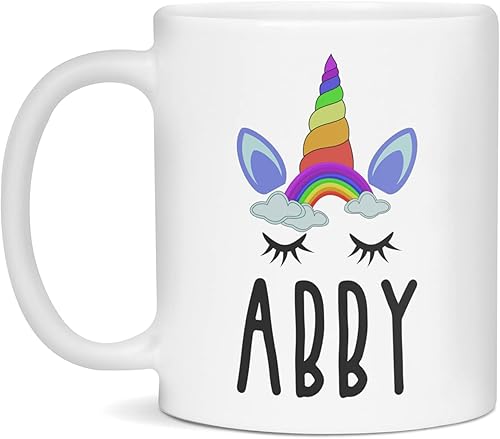 Abby Rainbow Unicorn - Taza de regalo para niñas, bonita taza personalizada con el nombre de mujer, 11 onzas, color blanco