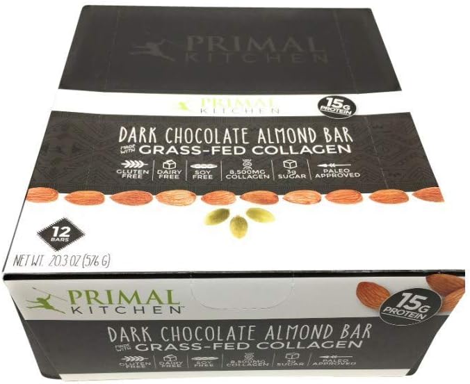 Primal Kitchen, Bar Collagen Dark Chocolate Almond Sleeve, 1.7 Ounce, 12 Count