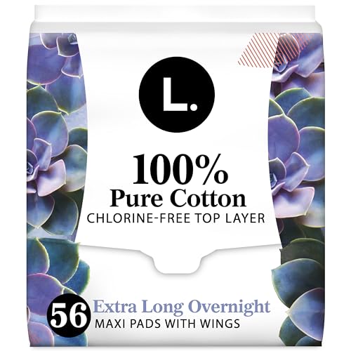 Image of L. Extra Long Maxi Pads for Women, Overnight Absorbency, Organic Cotton Top Layer, Unscented Pads with Wings, 56 Count (2 Packs of 28)