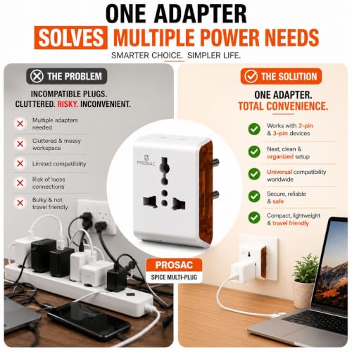Image of PROSAC 6A Universal Multi Plug Adapter | 3-Pin Socket | Supports 2-Pin & 3-Pin Plugs | Travel Adapter for Mobile Chargers, Laptops & Electronics | Pack of 5