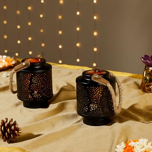 Image of Amazon Brand - Solimo Tea Light Lantern - Round Mandala Design with Handle, Black Iron with Gold Interior, Set of 2 (Size: L-10 cm x W-10 cm x H-13 cm)