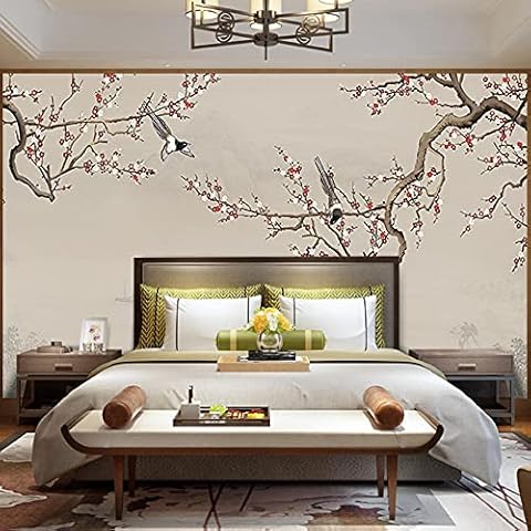 Chinese Style TV Background Wall Paper Chinese Style Living Room Film and Television Wall Ancient Style Plum Blossom Wallpaper Flower and Bird Mural Wall covering-450cmx300cm Cover