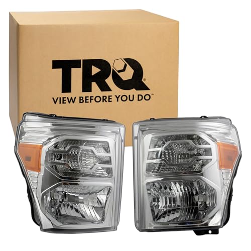 Image of TRQ 2 Piece Headlight Assembly Set Halogen Chrome Bezel Driver & Passenger Side Compatible with 2011-2016 Ford F-250 Super Duty F-350 Super Duty FO2502290 FO2503290