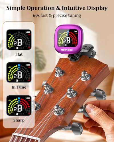 Image of New bee Guitar Tuner Rechargeable, Color Screen Clip On Tuner (Purple, 1 Pack)
