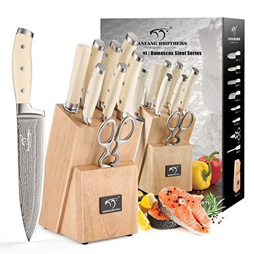 Image of Damascus Kitchen Knife Set, 9 Pieces With Block, White ABS Triple Rivet Ergonomic Handle for Chef Knives, Sharpener and Shears