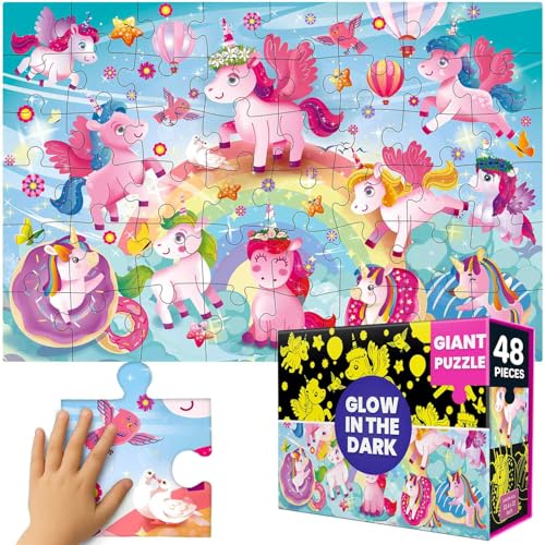 QUOKKA Floor Puzzles for Kids Ages 4–8 – 2x3 FT Giant Glow in The Dark Jigsaw – 48 Large Pieces – Magical Fantasy Unicorn Scene – Montessori Toy with Gift Box – Fun Learning Activity