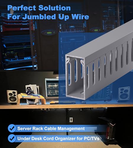 Image of ZhiYo 2 inch H x 1 inch W Cable Management Raceway, 99in Under Desk Channel, Grey | Slotted Wire Duct, 6Pack, 16.5in Each, Heavy-Duty PVC Cable Management for Server Racks, Network Cables & Electrical Cabinets