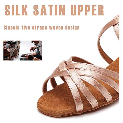 HIPPOSEUS Girls Silk Satin Latin Dance Shoes Low Heel Ballroom Salsa Dance Practice Performance Dancing Shoes,Model 2022