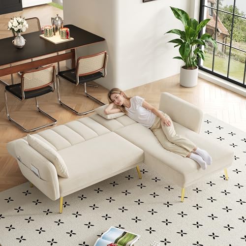Vepssder - Sofá plegable de 3 plazas moderno con bolsillos de almacenamiento, terciopelo, para salón y dormitorio, cine en casa (Beige)