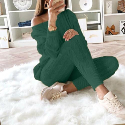 Womens Fall Cable Knit Set Plus Size Crew Neck Pullover Sweater Top & Long Pants 2 Piece Outfits Tracksuit Loungewear2