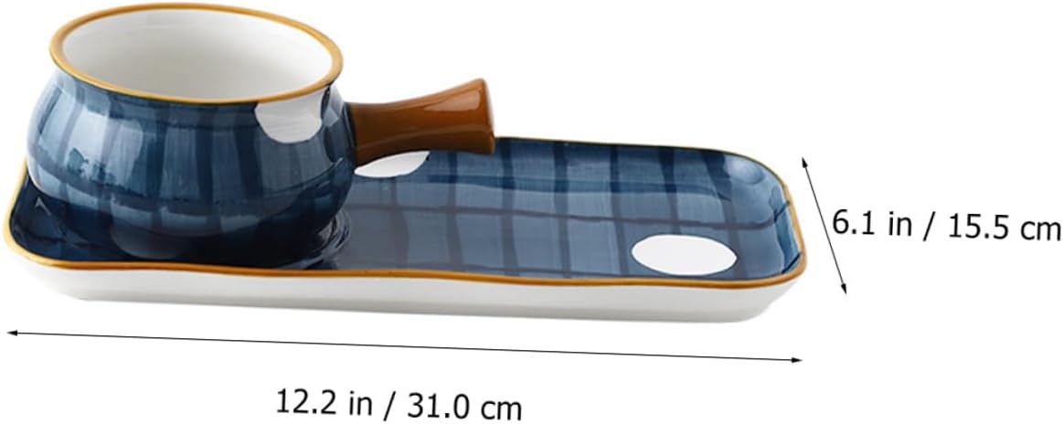 Luxshiny Ceramics Milk Pot and Noodle Pan Set 650ml White Leaf Pattern Hand-painted Saucepan with Handle and Tray for Stovetop Soup Heating Cookware